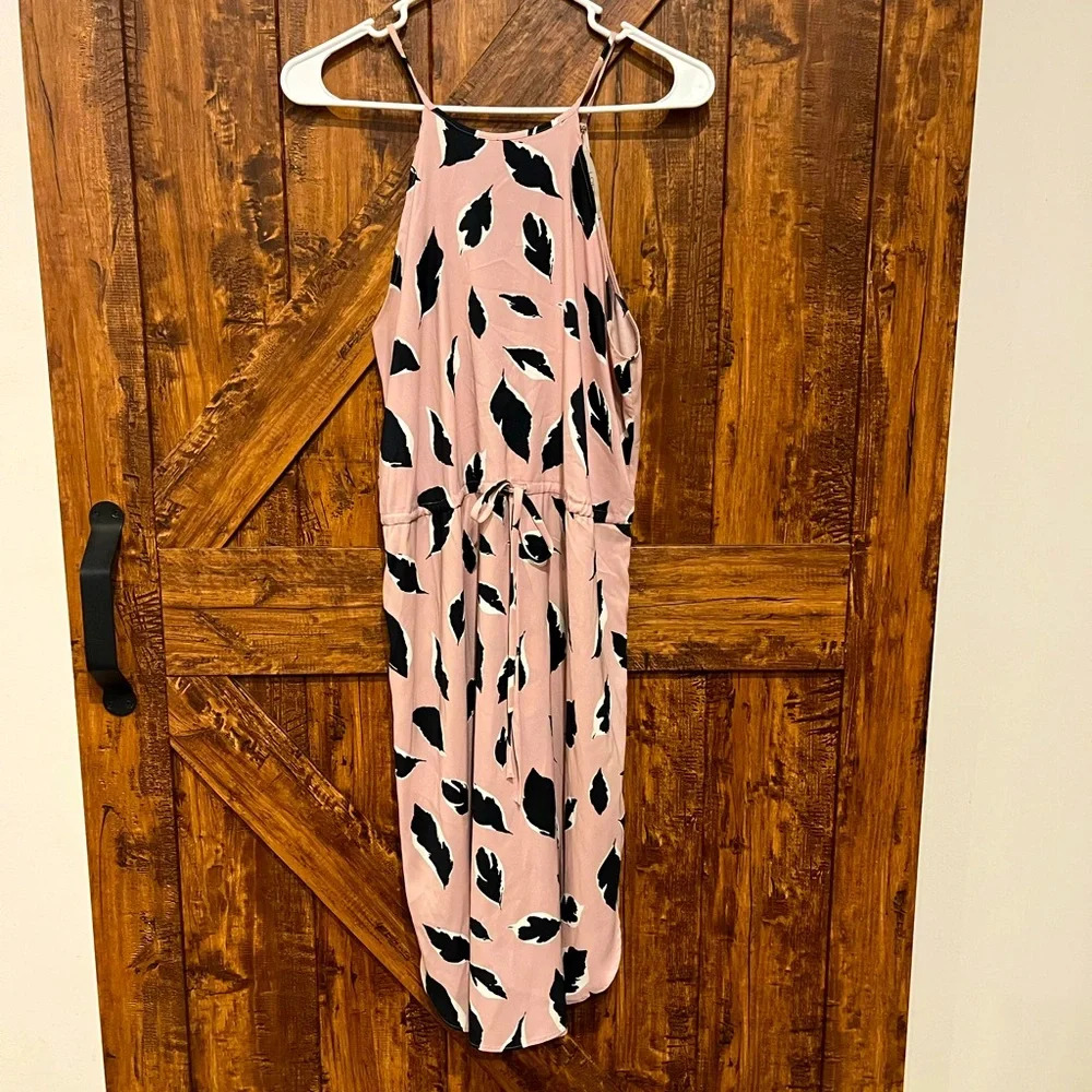 Loft women’s small pink/black striped knits drawstring waist halter back dress - Picture 2 of 8